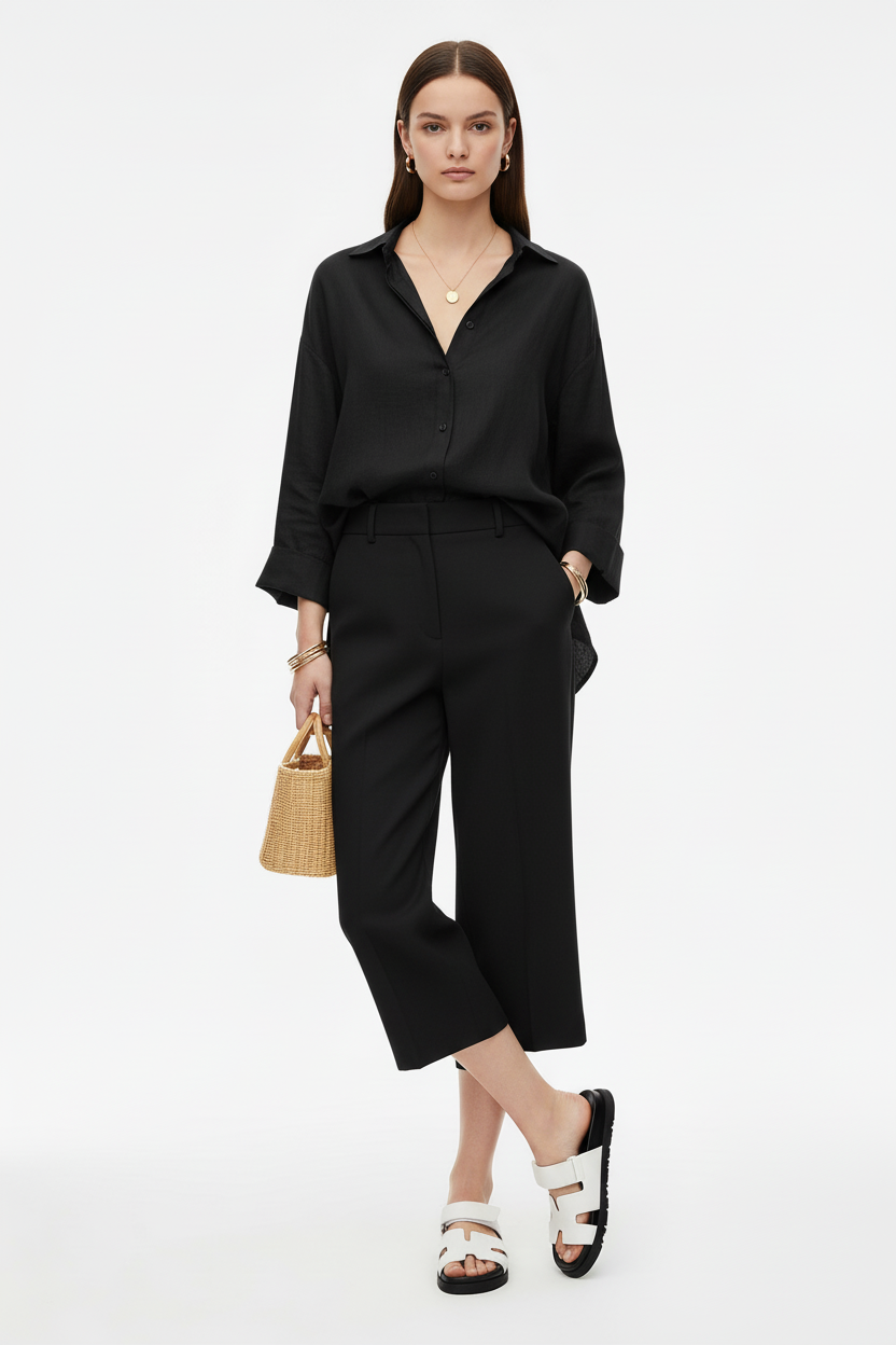 Modella con outfit nero e sandali bianchi